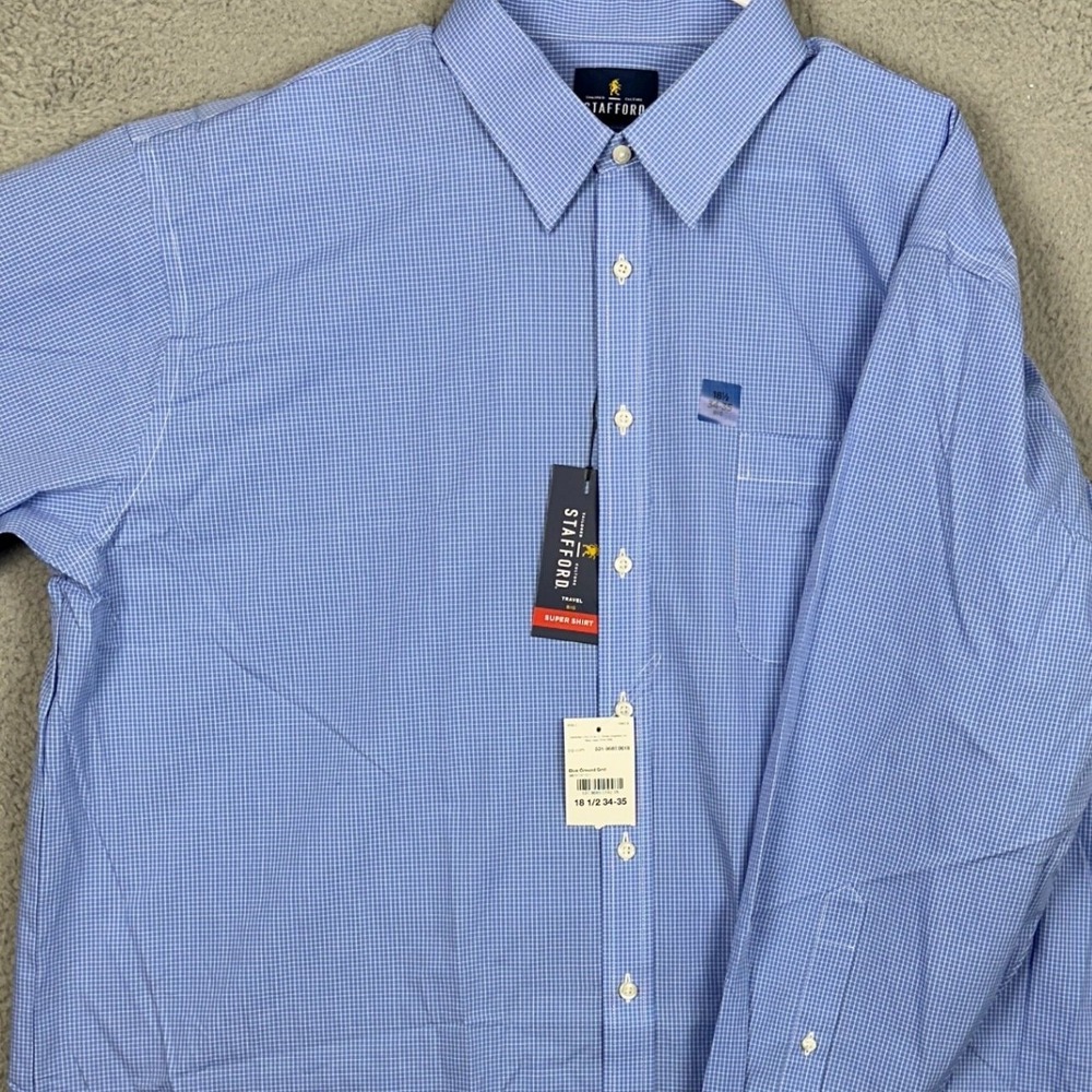 NEW Stafford Dress Shirt Men 18.5 34-35 Travel Performance Blue Grid Button Down